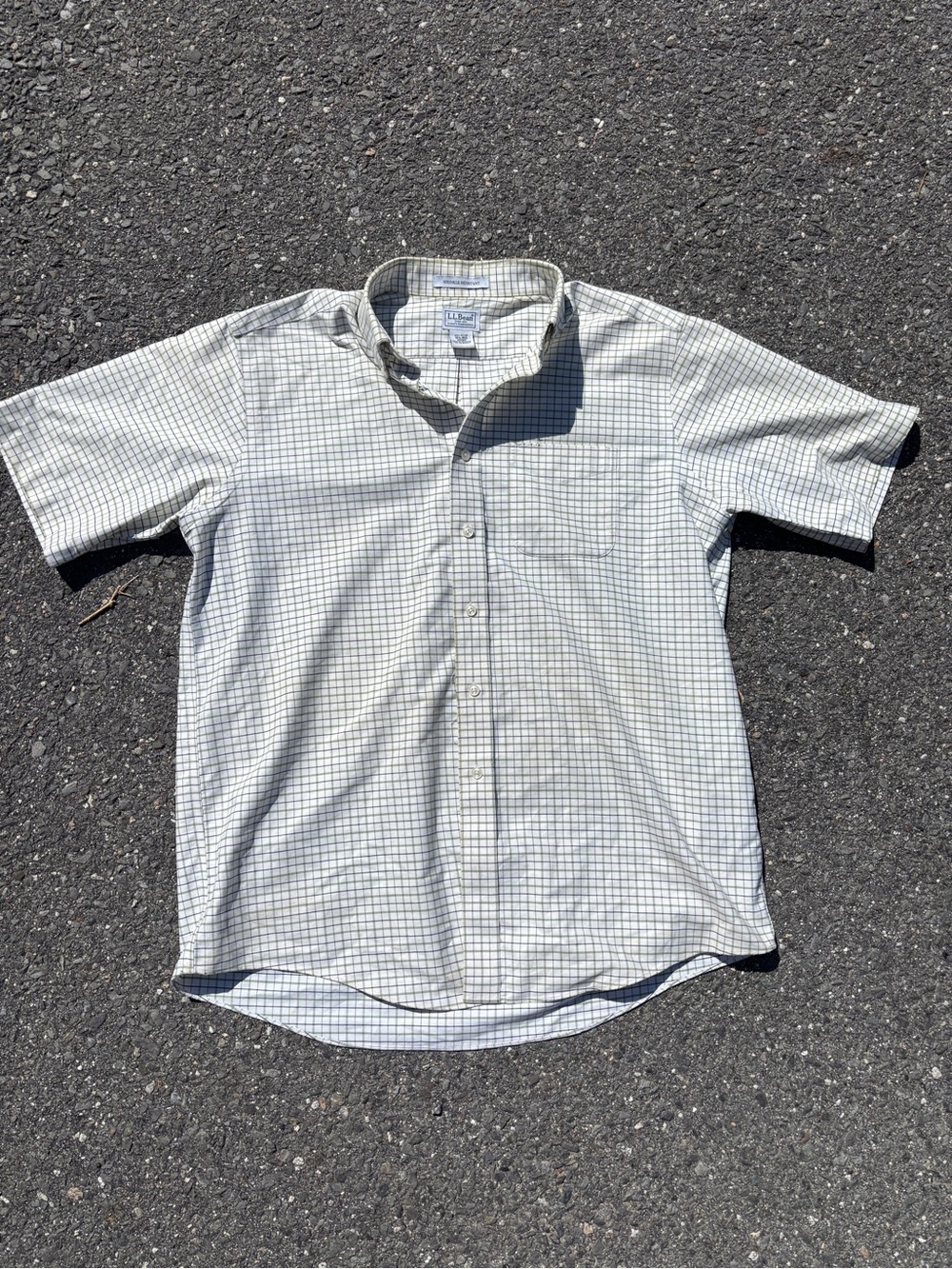 L.L. Bean Men's Short-Sleeve Button-Down Shirt in White with Green Check